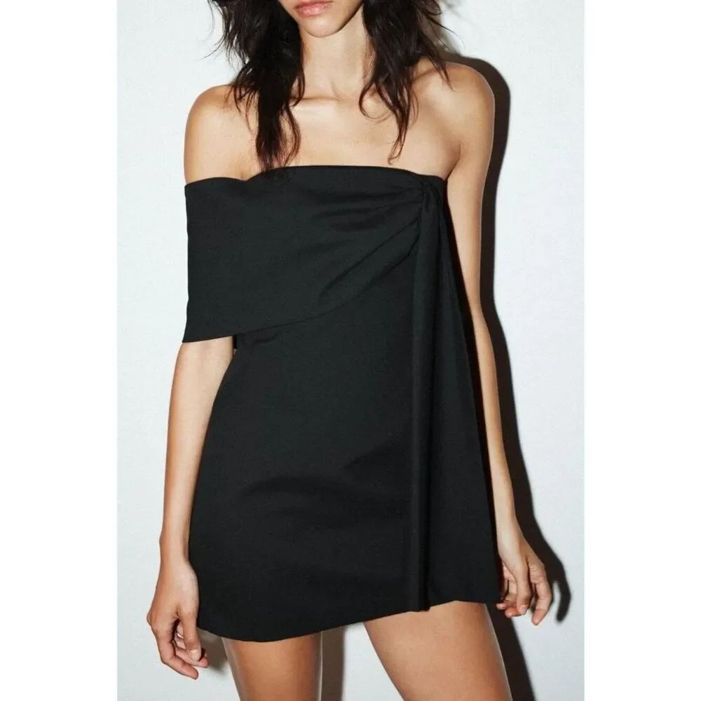 Zara Womens Short Strapless Mini Dress Medium Black Off Shoulder 8698/230 NWT